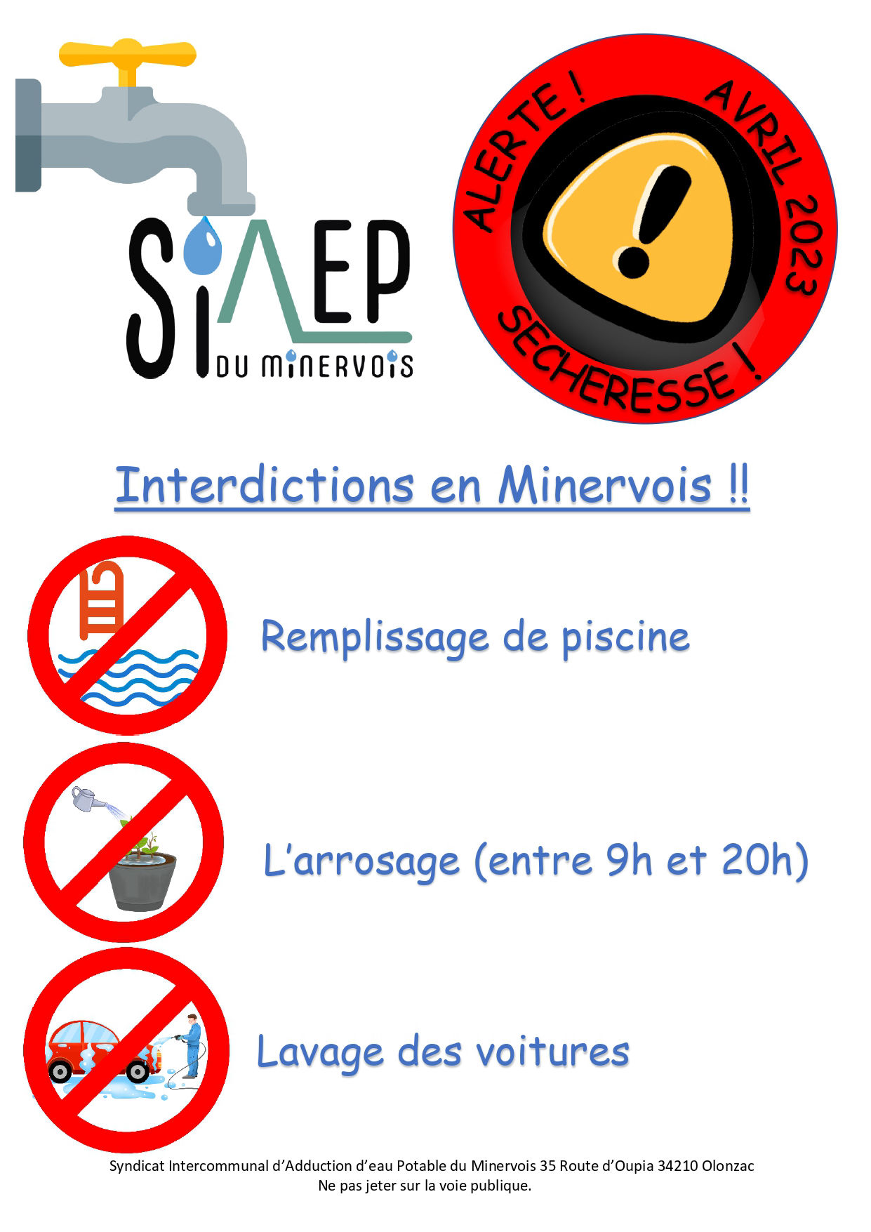 Affiche interdiction eau SIAEP Minervois